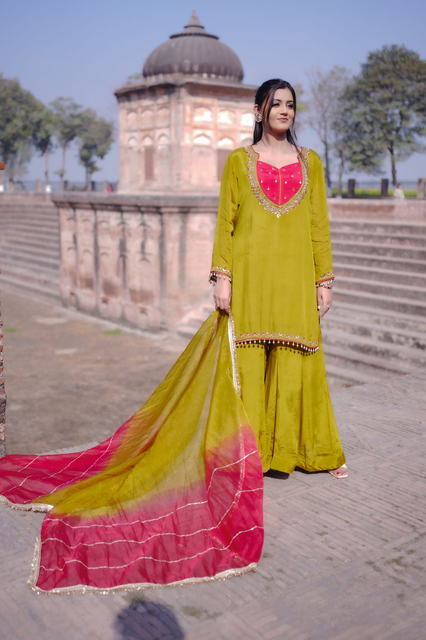 Olive Green Hand-Embroidered Sharara Suit Set GT 672C