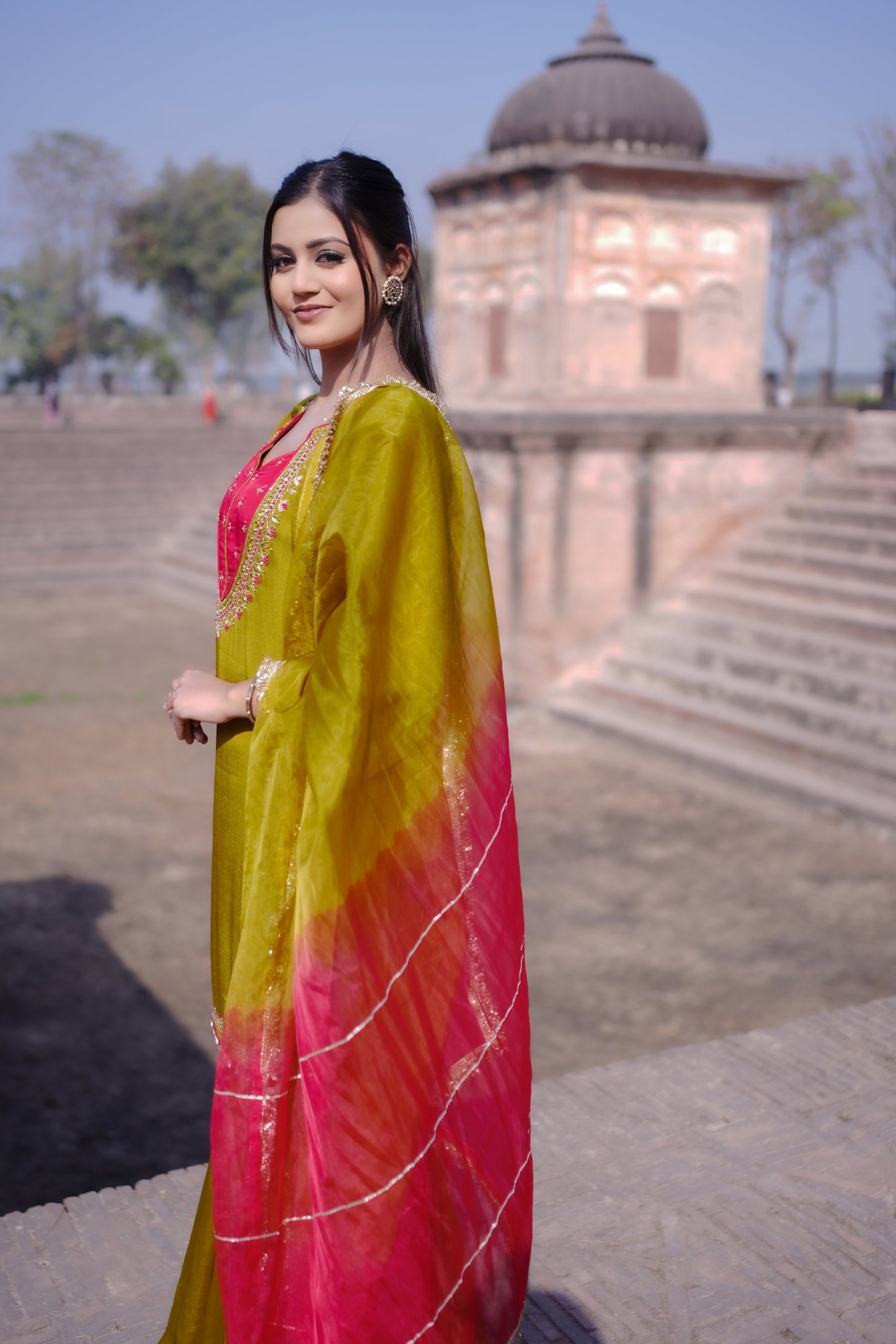 Olive Green Hand-Embroidered Sharara Suit Set GT 672C