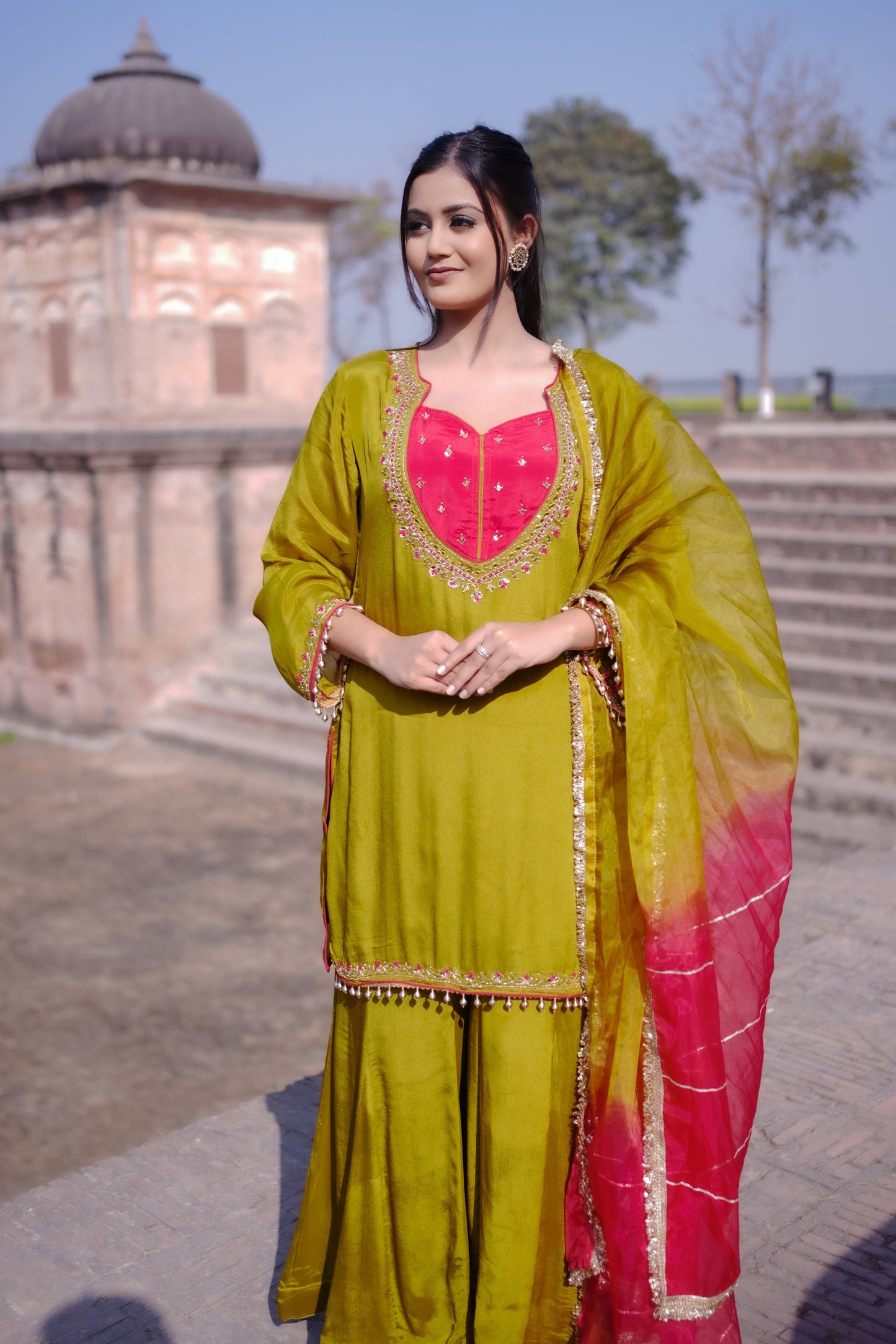 Olive Green Hand-Embroidered Sharara Suit Set GT 672C