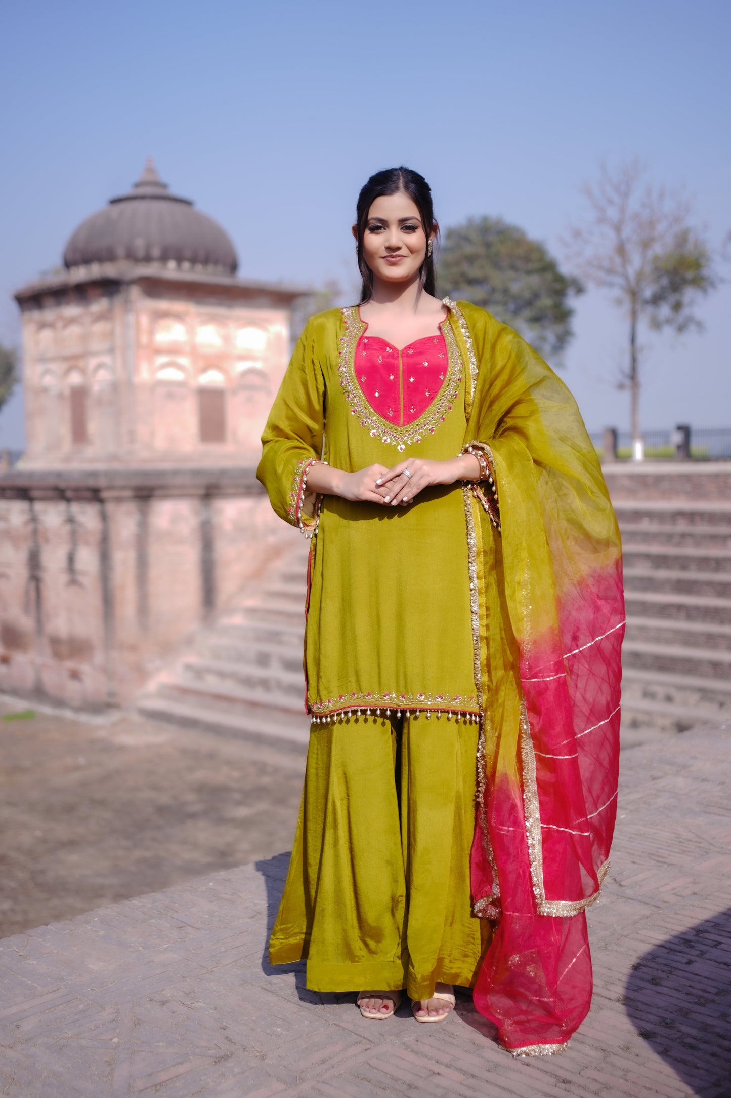 Olive Green Hand-Embroidered Sharara Suit Set GT 672C