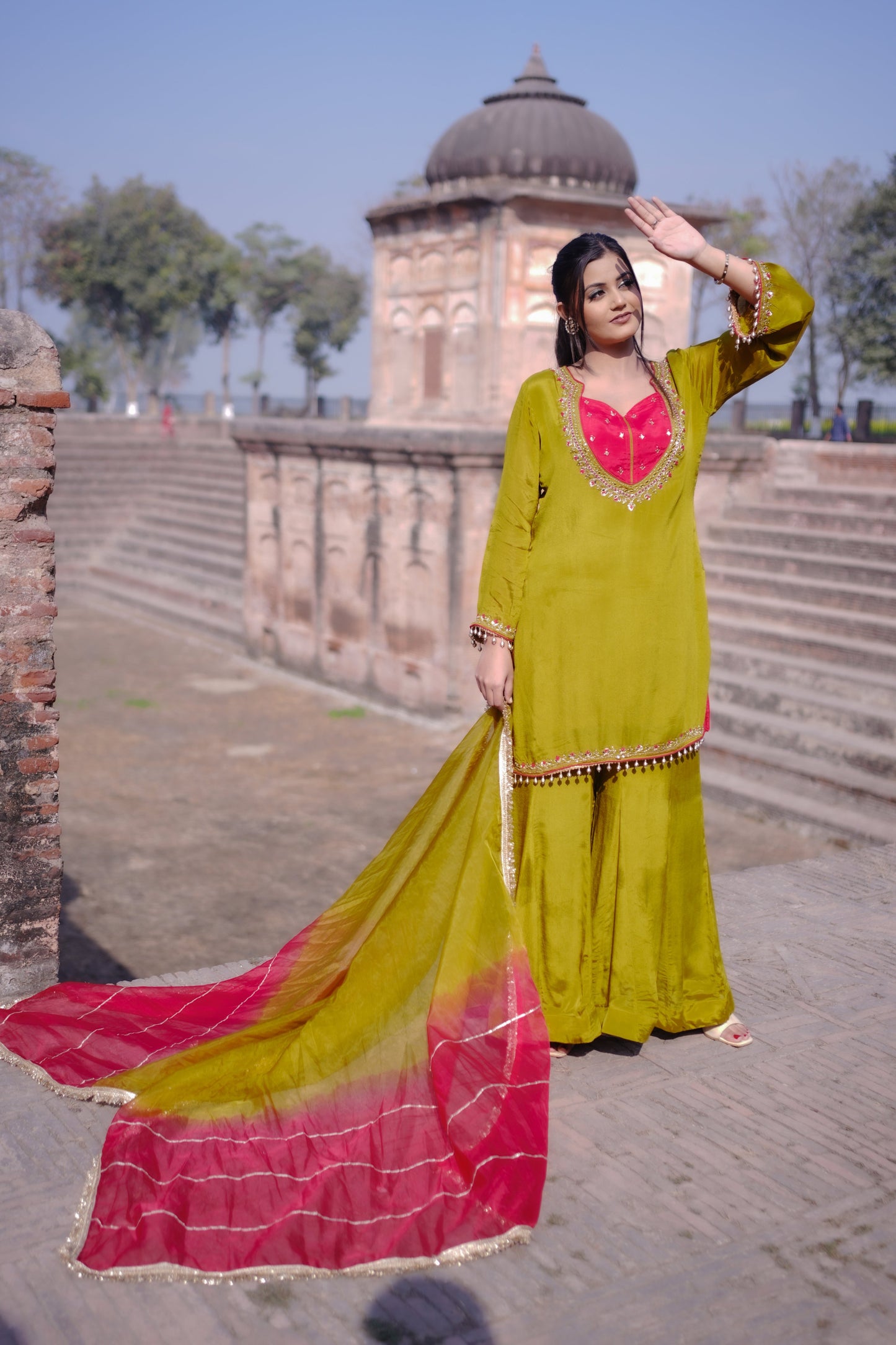 Olive Green Hand-Embroidered Sharara Suit Set GT 672C